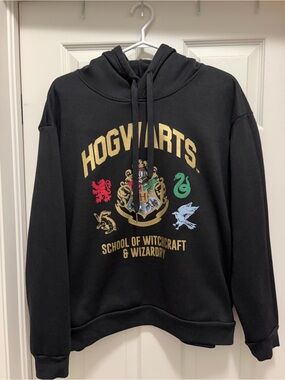 Harry Potter Hogwarts Black Pullover Hoodie with Crest and House Emblems